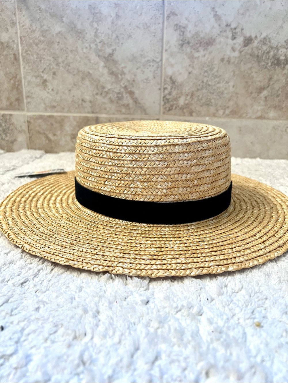 Wide Brim Straw Boater Hat With Black Band - Unbr… - image 5